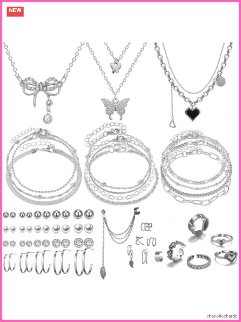 47pcs Gold Jewelry Set - 3 Necklaces, 11 Bracelets, 20 Earrings, 7 Rings -
